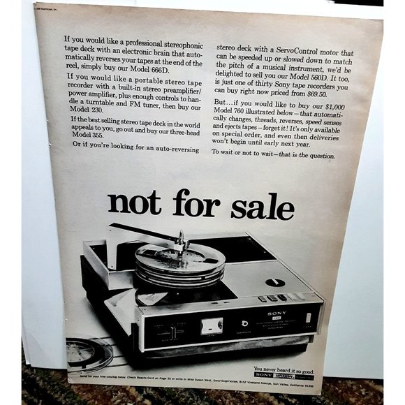1968 Sony Superscope Tape Deck  Vintage Print Ad Original - Picture 1 of 1